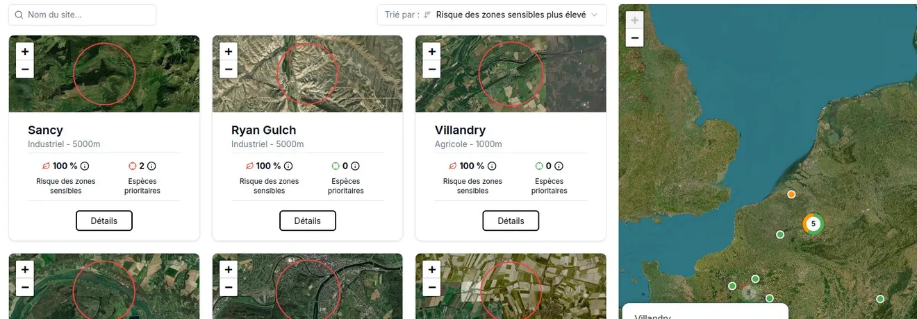 The BeeOimpact app: sites ranked by biodiversity risk, each with a satellite view, beside a map of France