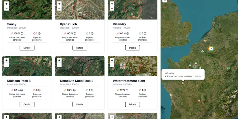 The BeeOimpact app: sites ranked by biodiversity risk, each with a satellite view, beside a map of France