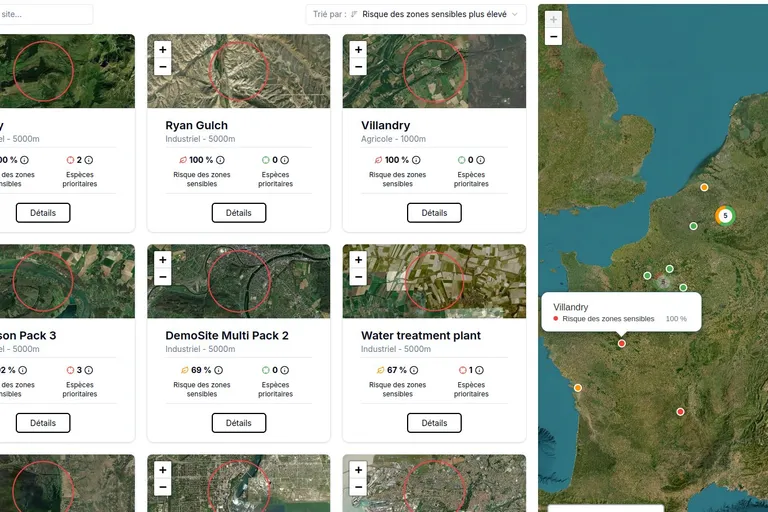 The BeeOimpact app: sites ranked by biodiversity risk, each with a satellite view, beside a map of France