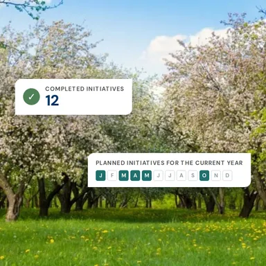 A blossoming orchard, with the BeeOinitiative count of completed initiatives and its planner for the current year