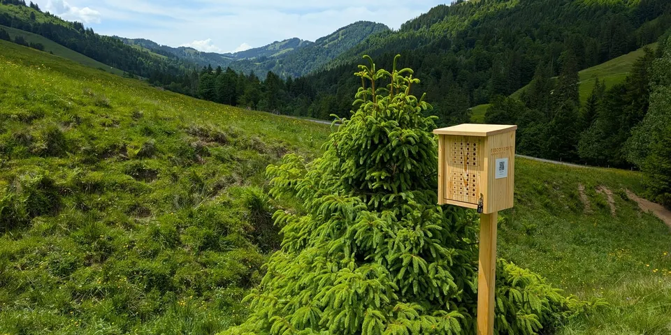 A wooden wild-bee nest box on a post, on a grassy mountain slope