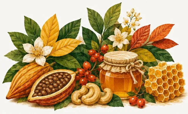 Poster illustration: cocoa pods, cashew nuts, a jar of honey and a honeycomb among leaves and flowers